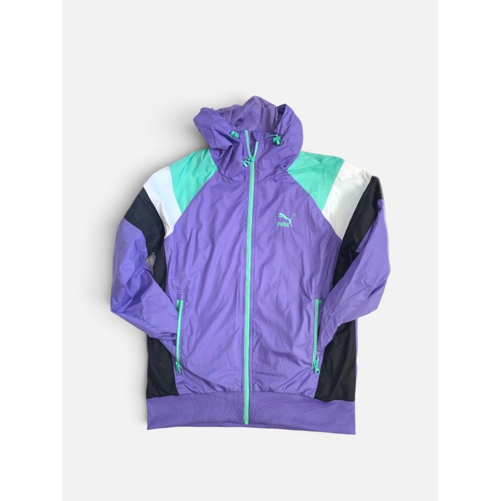 Puma Retro Style Y2K Purple Windbreaker Colorblock Mesh Lined Hooded Jacket